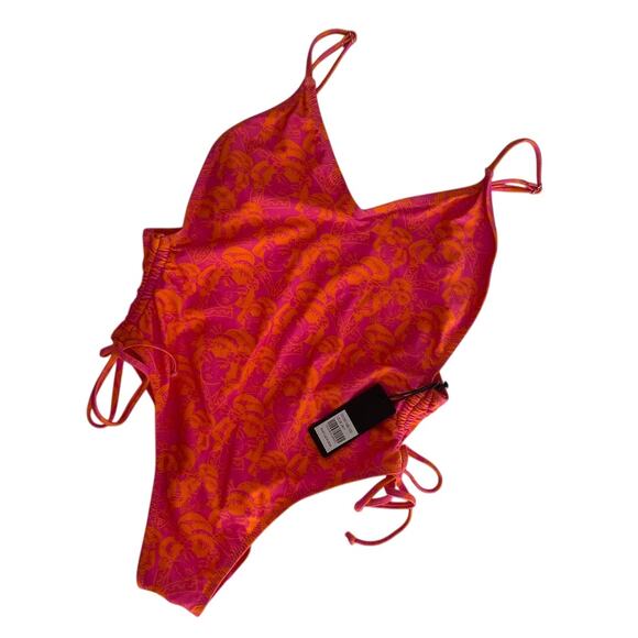 Ed Hardy High Cut‎ One Piece Swimsuit "Lady" Print Orange Pink Tie Size Large - Picture 10 of 10